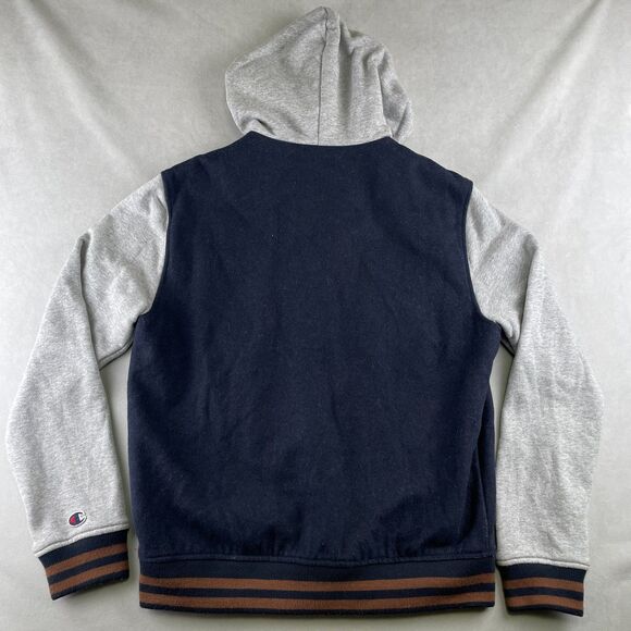 Champion Jacket Men M Navy Gray Hooded Varsity Letterman College Wool Blend Snap - Picture 2 of 11
